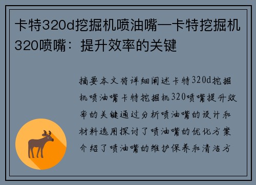 卡特320d挖掘机喷油嘴—卡特挖掘机320喷嘴：提升效率的关键